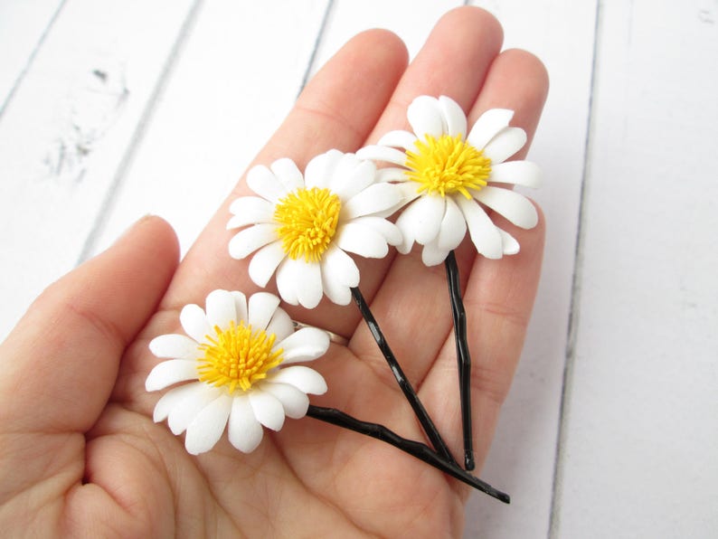 Set White Daisies Hair Pin Accessories Daisy Flower Hair Etsy