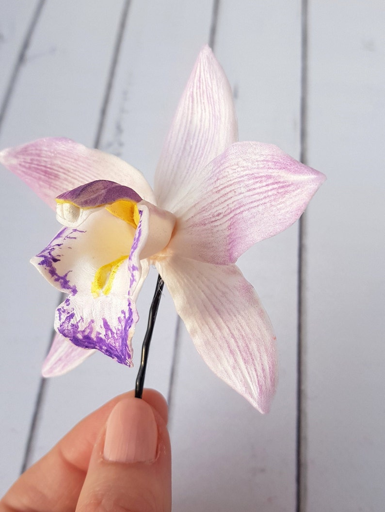 Tropical Lavender Orchid Hair Pin Violet Cymbidium Orchid Bridal Hair Flower Bridesmaids Beach Wedding Hair Pin Hawaiian Hair Flower image 5