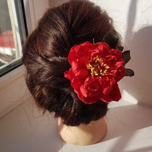 Red Peony Hair Pin Rustic Bridal Floral Hair Accessory Chic Bridal Red Peony Hair Pin Wedding Headpiece, Spring Flower Hair Decoration image 6