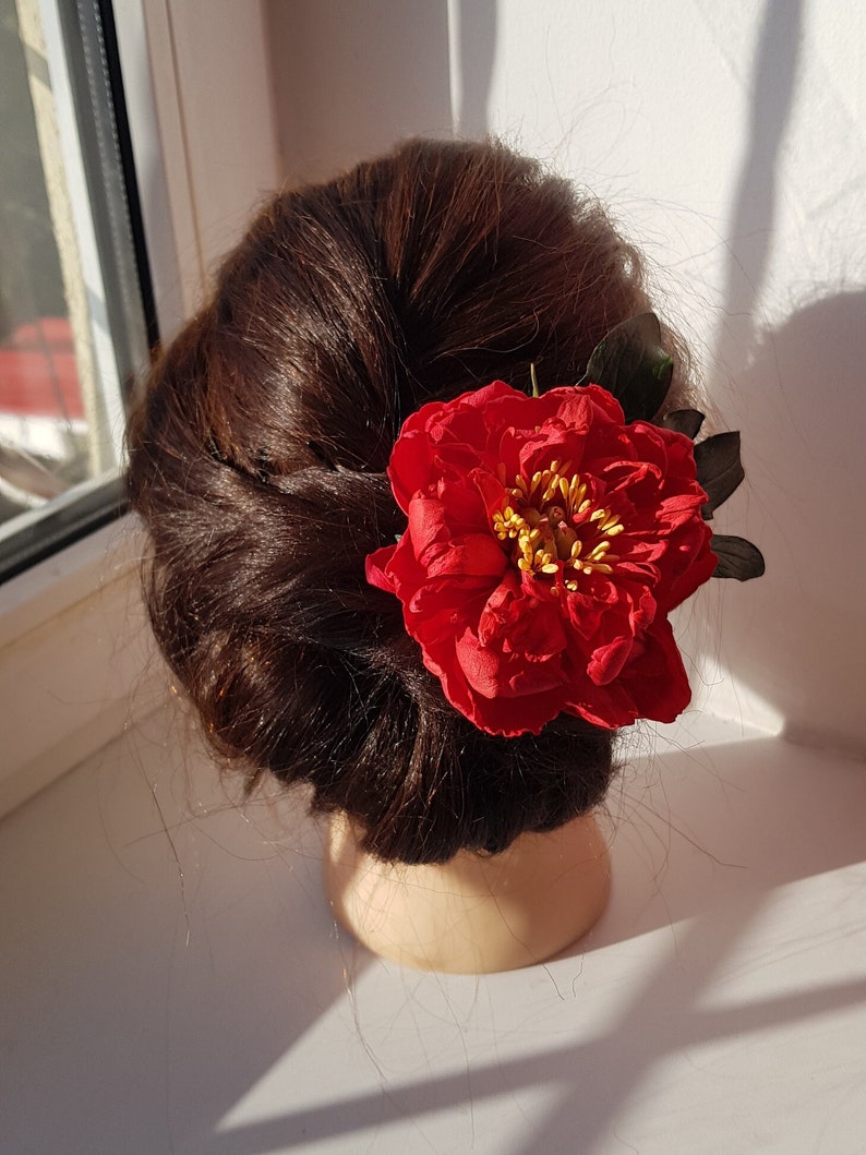 Red Peony Hair Pin Rustic Bridal Floral Hair Accessory Chic Bridal Red Peony Hair Pin Wedding Headpiece, Spring Flower Hair Decoration image 6