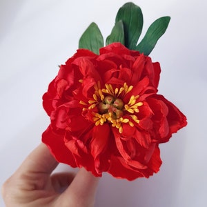 Red Peony Hair Pin Rustic Bridal Floral Hair Accessory Chic Bridal Red Peony Hair Pin Wedding Headpiece, Spring Flower Hair Decoration image 9