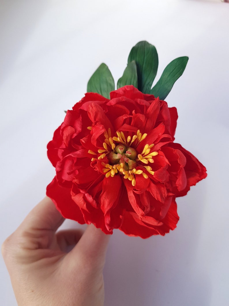 Red Peony Hair Pin Rustic Bridal Floral Hair Accessory Chic Bridal Red Peony Hair Pin Wedding Headpiece, Spring Flower Hair Decoration image 9