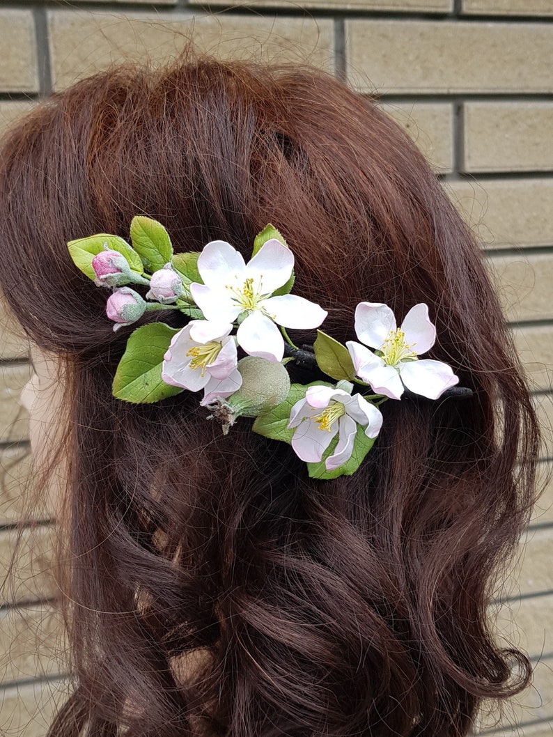 Apple blossom bridal hair pins, Pink Cherry blossom flower hair piece, Boho wedding flower hair pins, Floral headpiece bridal accessories image 7