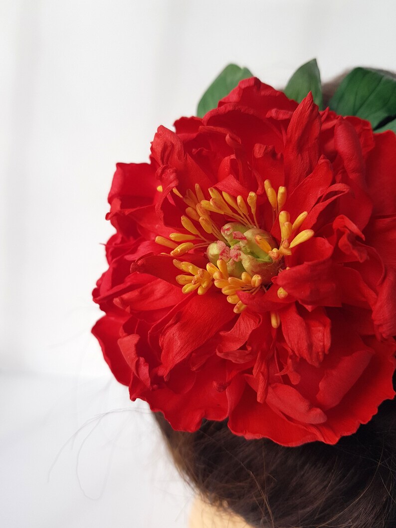 Red Peony Hair Pin Rustic Bridal Floral Hair Accessory Chic Bridal Red Peony Hair Pin Wedding Headpiece, Spring Flower Hair Decoration image 3