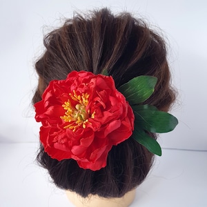 Red Peony Hair Pin Rustic Bridal Floral Hair Accessory Chic Bridal Red Peony Hair Pin Wedding Headpiece, Spring Flower Hair Decoration image 1