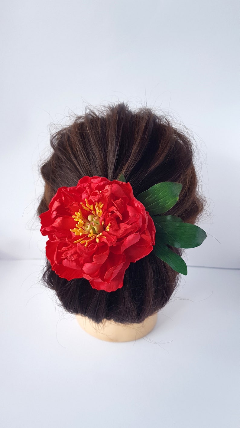 Red Peony Hair Pin Rustic Bridal Floral Hair Accessory Chic Bridal Red Peony Hair Pin Wedding Headpiece, Spring Flower Hair Decoration image 1