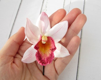 White Pink Orchid Hair Pin - Cymbidium Orchid Bridal Hair Clip - Wedding Orchid Beach Hair Pin - Hawaiian Hair Flower - Tiki Tropical Orchid