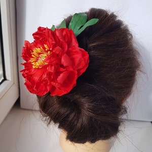 Red Peony Hair Pin Rustic Bridal Floral Hair Accessory Chic Bridal Red Peony Hair Pin Wedding Headpiece, Spring Flower Hair Decoration image 2