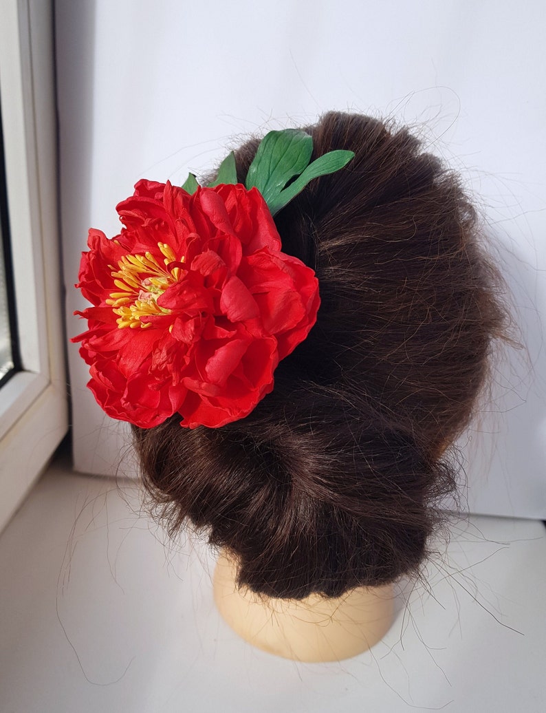 Red Peony Hair Pin Rustic Bridal Floral Hair Accessory Chic Bridal Red Peony Hair Pin Wedding Headpiece, Spring Flower Hair Decoration image 2