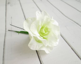 Épingle à cheveux fleur de mariage Lisianthus blanc - accessoire fleurs pour cheveux de mariée Eustoma - décoration florale de mariage - épingles à cheveux fleur mariage