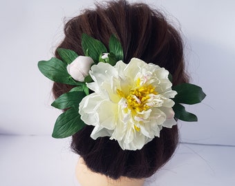 White Peony Floral Hair Comb - Romantic Bridal Hair Accessory - Ivory Flower Hair Accessory - Wedding Headpiece, Ideal Bride Flower Hair Pin