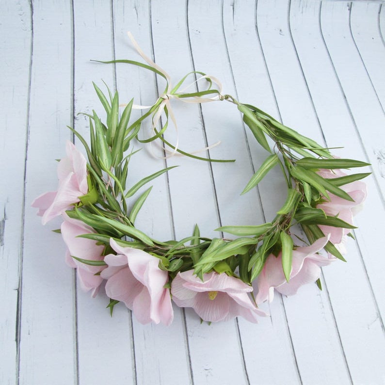 Handmade Flowers Headband OOAK Floral Crown Pink Hollyhock Eucalyptus Headpiece Bridal Flower Crown Wedding Pink Flower Hair Accessories