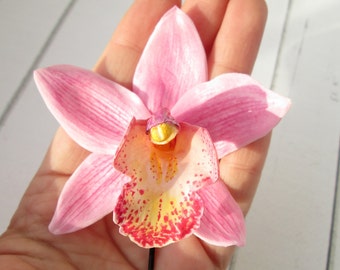 Pink Tropical Orchid Hair Pin - Cymbidium Orchid Bridal Hair Clip- Bridesmaids Beach Wedding Hair Pin, Hawaiian Hair Flower, Floral Hair Pin