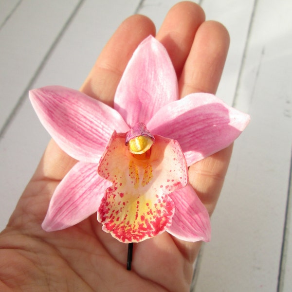 Pink Tropical Orchid Hair Pin - Cymbidium Orchid Bridal Hair Clip- Bridesmaids Beach Wedding Hair Pin, Hawaiian Hair Flower, Floral Hair Pin