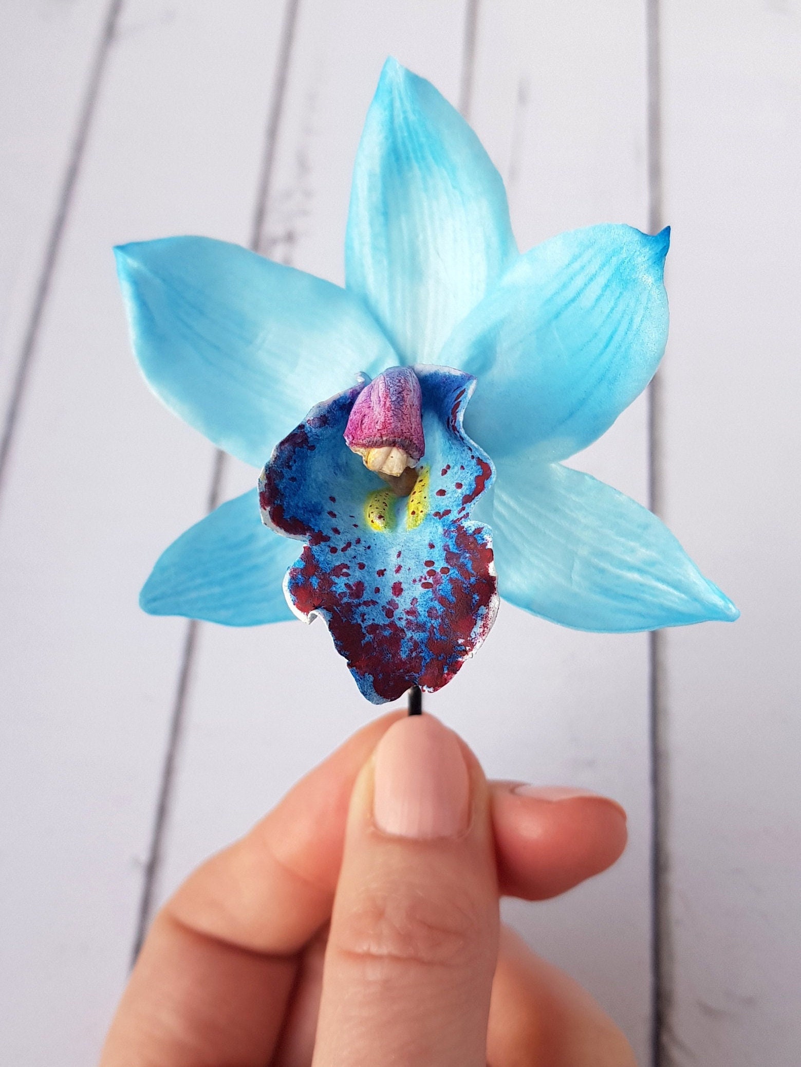 Blue Cymbidium Orchid Hair Pin - Beach Orchid Flower Hair Clip