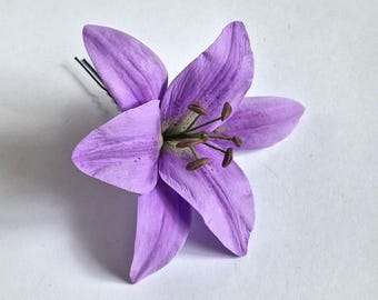 Horquilla de lirio violeta - Adorno grande para el cabello de novia - Flor real - Accesorios florales para el cabello de novia - Accesorios florales para dama de honor de boda