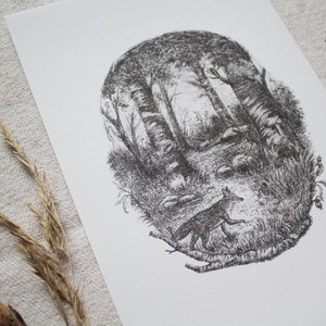 Kunstdruck - Fuchs im Wald - A5, Poster, Bleistift, Zeichnung, Wald, Tiere, Natur, Fuchs
