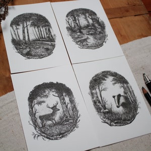 Set van 4 ansichtkaarten Dieren in het bos - A6, Kerstmis, Wenskaart, Verjaardagskaart, Pasen, Potlood, Tekening, Illustratie, Dieren, Natuur