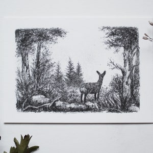Postal - Ciervos en el bosque - A6, Navidad, Tarjeta de felicitación, Tarjeta de cumpleaños, Pascua, Lápiz, Dibujo, Ilustración, Animales, Naturaleza