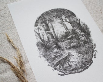 Art Print - Fox in the Forest - A5, Poster, Pencil, Drawing, Forest, Animals, Nature, Fox