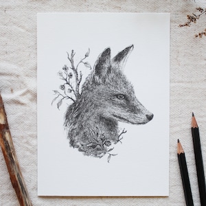 Kunstdruck - Fuchs - A5, Poster, Bleistift, Zeichnung, Wald, Tiere, Natur