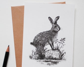 Carte postale - Lapin sur pierre - A6, Noël, Carte de vœux, Carte d’anniversaire, Pâques, Crayon, Dessin, Illustration, Animaux, Nature