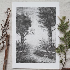 Kunstdruck - Wiesenpfad - A4, Poster, Bleistift, Zeichnung, Wald, Tiere, Natur, Landschaft