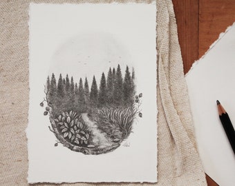 May include: A black and white pencil drawing of a forest scene with a path leading into the woods. The drawing is framed by a circle of leaves and berries.