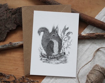 Postkarte - Eichhörnchen - A6, Weihnachten, Grußkarte, Geburtstagskarte, Ostern, Bleistift, Zeichnung, Illustration, Tiere, Natur