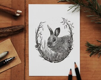 Carte postale - Lapin - A6, Noël, Carte de voeux, Carte d'anniversaire, Pâques, Crayon, Dessin, Illustration, Animaux, Nature