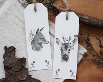 Bookmark - 2 motifs - fox, deer - bookmark, books, pencil, drawing, illustration, animals, nature