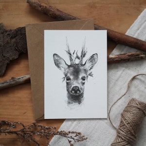 Postal - Roebuck - A6, Navidad, Tarjeta de felicitación, Tarjeta de cumpleaños, Pascua, Lápiz, Dibujo, Ilustración, Animales, Naturaleza