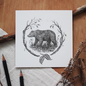 Postkarte - Bär - Grizzly, Weihnachten, Grußkarte, Geburtstagskarte, Ostern, Bleistift, Zeichnung, Illustration, Tiere, Natur