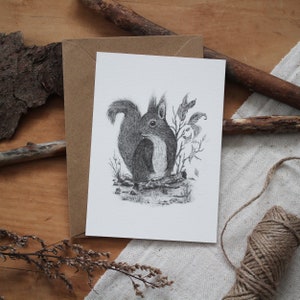 Postkarte - Eichhörnchen - A6, Weihnachten, Grußkarte, Geburtstagskarte, Ostern, Bleistift, Zeichnung, Illustration, Tiere, Natur