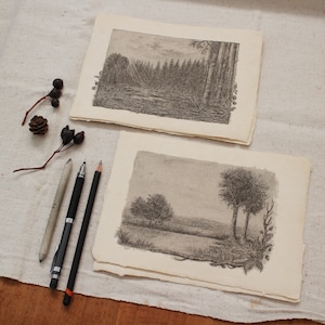 Limitierter Kunstdruck - Vintage Landschaften auf Büttenpapier - A5, Poster, Bleistift, Zeichnung, Wald, Tiere, Natur