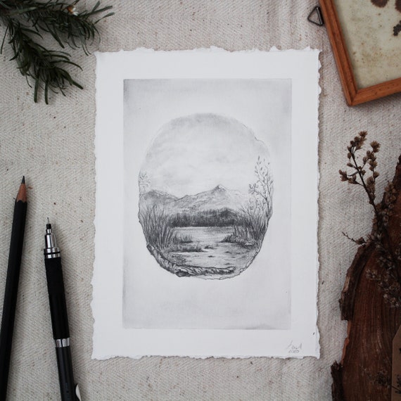 Lac de montagne Dessin en graphite original, Crayon, Papier, Type
