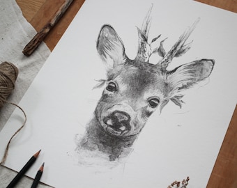 Kunstdruck - Rehbock - 30 x 40 cm, Poster, Wohnen, Wand Deko, Fine Art, Bleistift, Zeichnung, Illustration, Tiere, Natur, Geburtstag