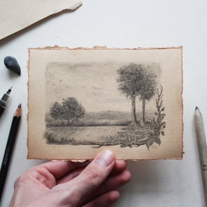 Lake II - 5.75" x 4.25", Original Graphite Drawing, Pencil Drawing, Illustration, Art, Nature, Forest, Landscape, Tree, Autumn