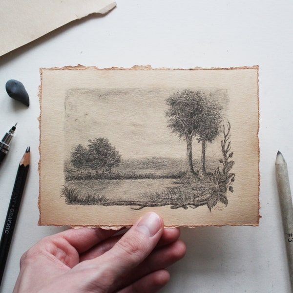 Lake II - 5.75" x 4.25", Original Graphite Drawing, Pencil Drawing, Illustration, Art, Nature, Forest, Landscape, Tree, Autumn