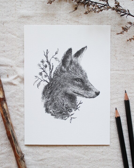 Art Print - Fox - A5, Poster, Pencil, Drawing, Forest, Animals