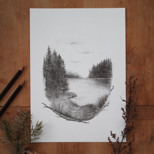 Kunstdruck - See - A4/A5, Poster, Bleistift, Zeichnung, Wald, Tiere, Natur, Landschaft