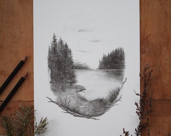 Art Print - Lake - A4/A5 Poster Pencil Drawing Forest Animals Nature Landscape