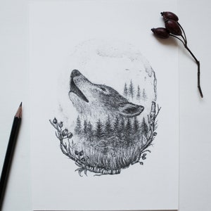 Kunstdruck - Wolf - A5, Poster, Bleistift, Zeichnung, Wald, Tiere, Natur