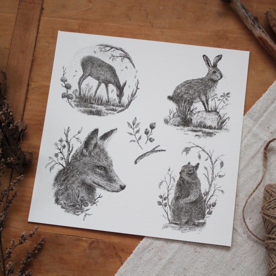 Art Print Forest Animals Poster Pencil Drawing Forest - Etsy
