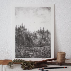 Impresión de arte - Niebla de la mañana - 30 x 40 cm, Póster, Sala de estar, Decoración de paredes, Bellas Artes, Lápiz, Dibujo, Ilustración, Paisaje, Bosque, Naturaleza