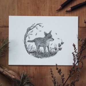 Carte postale - Hej Little Fox - A6, Noël, Carte de vœux, Carte d’anniversaire, Pâques, Crayon, Dessin, Illustration, Animaux, Nature