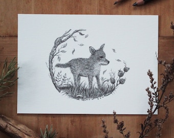 Carte postale - Hej Little Fox - A6, Noël, Carte de vœux, Carte d’anniversaire, Pâques, Crayon, Dessin, Illustration, Animaux, Nature