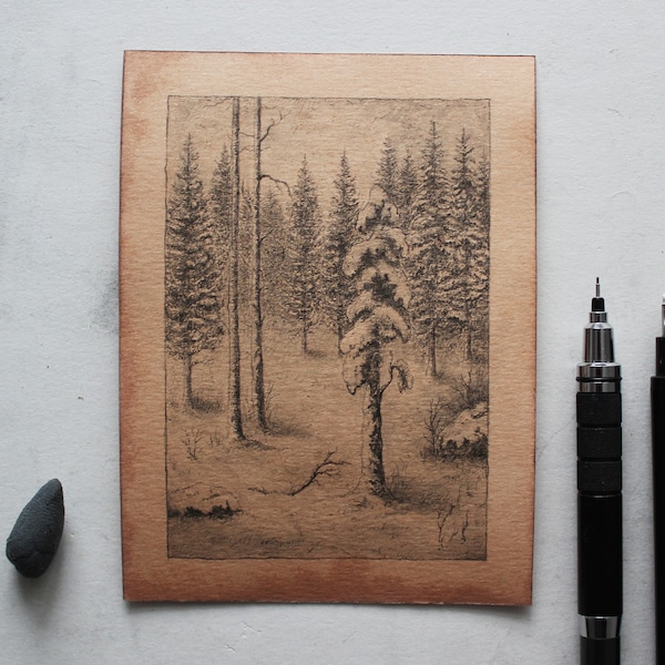 Winter - 3,5" x 4,75", Originale Graphit Zeichnung, Bleistiftzeichnung, Illustration, Kunst, Natur, Wald, Landschaft, Baum