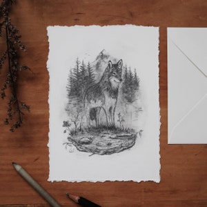 Wolf - Originale Graphit Zeichnung, Bleistift, Papier, Art, Illustration, Kunst, Natur, Wald, Tier, Landschaft, A6, Postkarte