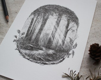 Kunstdruck - Waldlicht - A4/A5, Poster, Bleistift, Zeichnung, Wald, Tiere, Natur, Landschaft